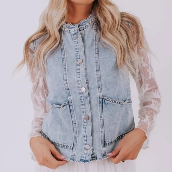 Women's Denim Vest with Pockets and Button Front