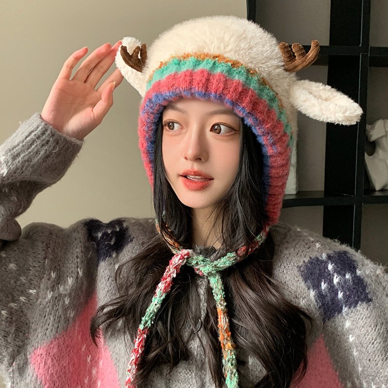 Warm Beige Antler Plush Hat for Women's Winter Style