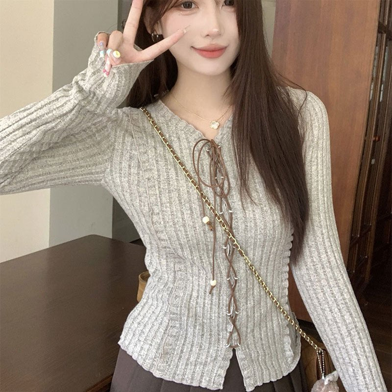 Vintage Strapped Long-Sleeve Knit Sweater