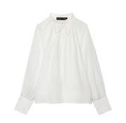Women's Casual Striped Lantern Sleeve Stand Collar Top