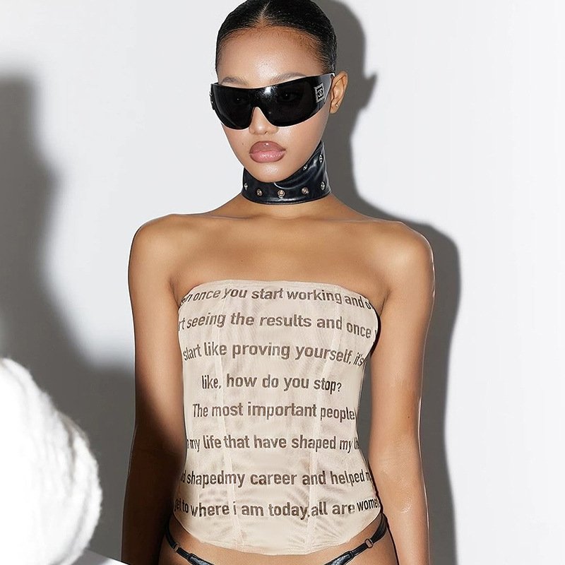 Add a Pop of Style with Apricot Letter Print Strapless Vest