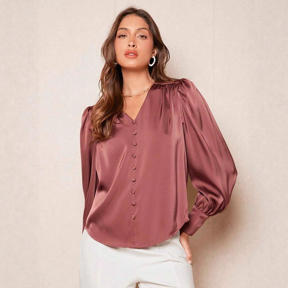 Women's Elegant Satin V-Neck Long Sleeve Button-Down Top