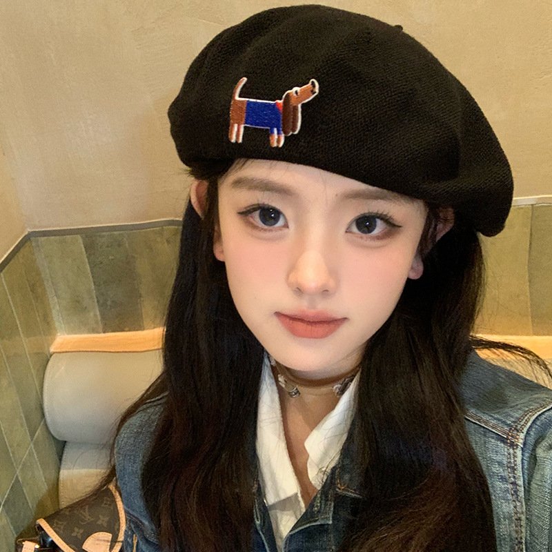 Summer Knit Beret with Cute Embroidery