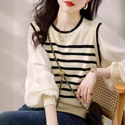 Striped Lantern Sleeve Knit Top with Lace Collar