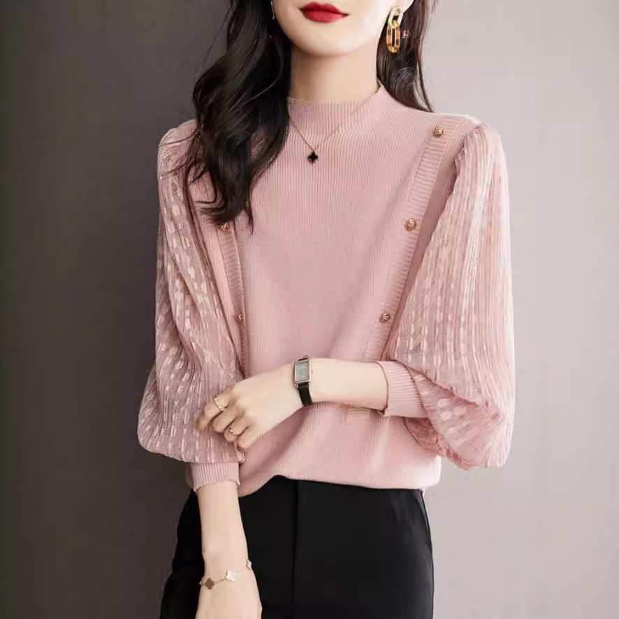 Chic Lantern Sleeve Semi-High Neck Sweater Top
