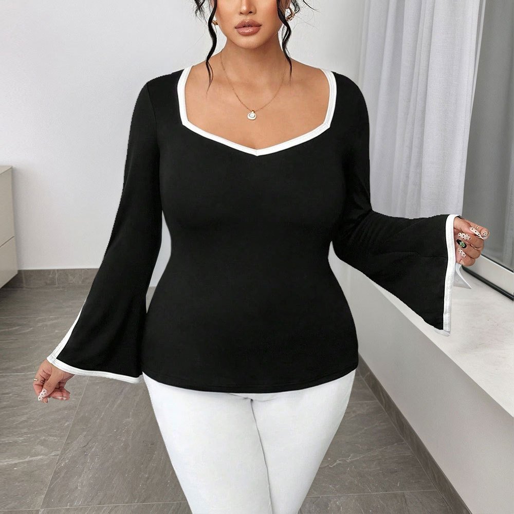 Black Square-Neck Flared Sleeve Slimming Top