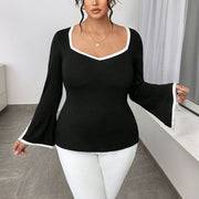 Black Square-Neck Flared Sleeve Slimming Top