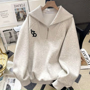 Petite Loose Gray Lapel Sweatshirt for Women