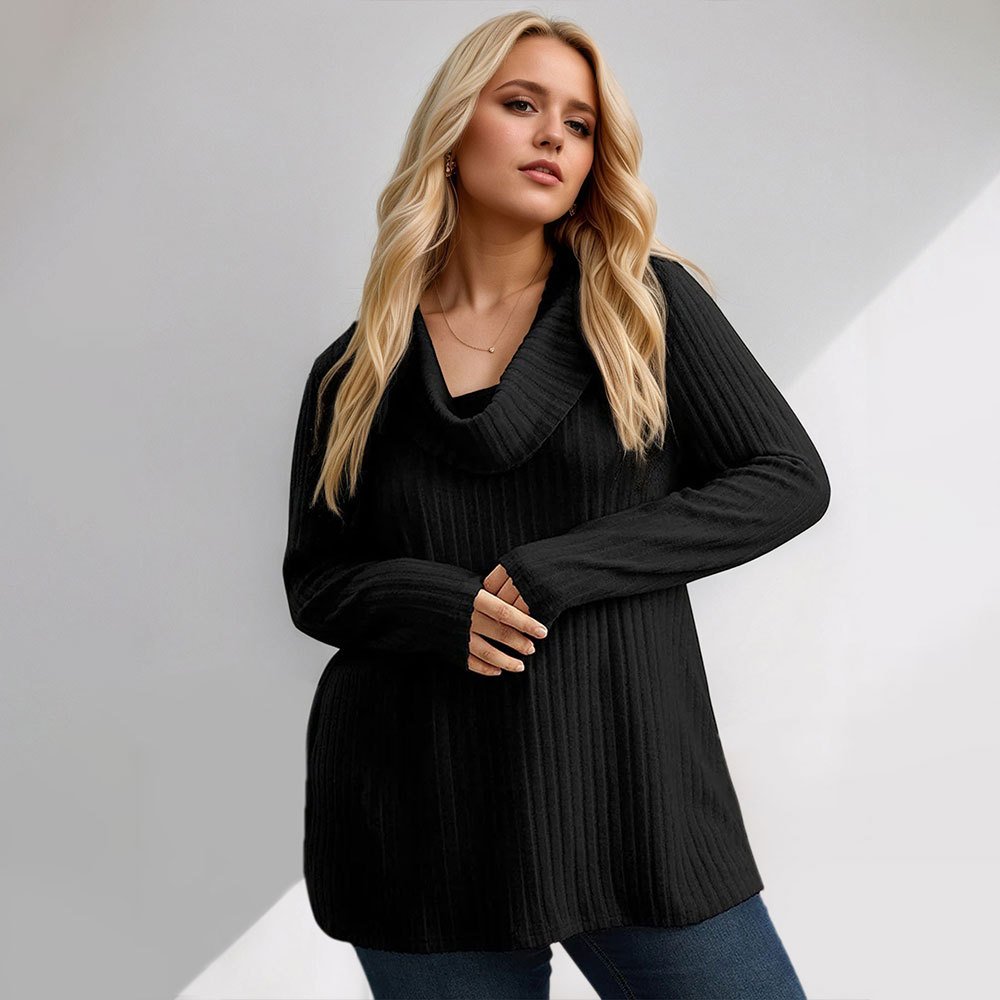 Women's High-Neck Knit Scarf Long Sleeve T-Shirt