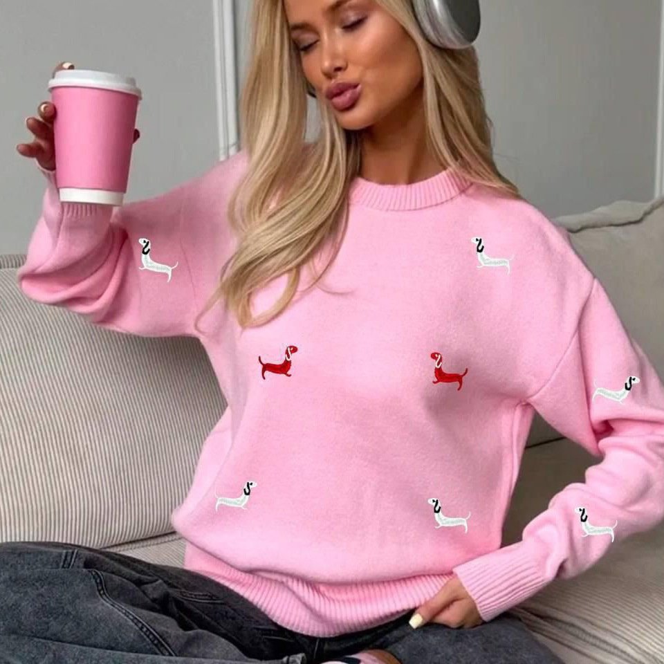Autumn Dog Print Long Sleeve Sweater for Women