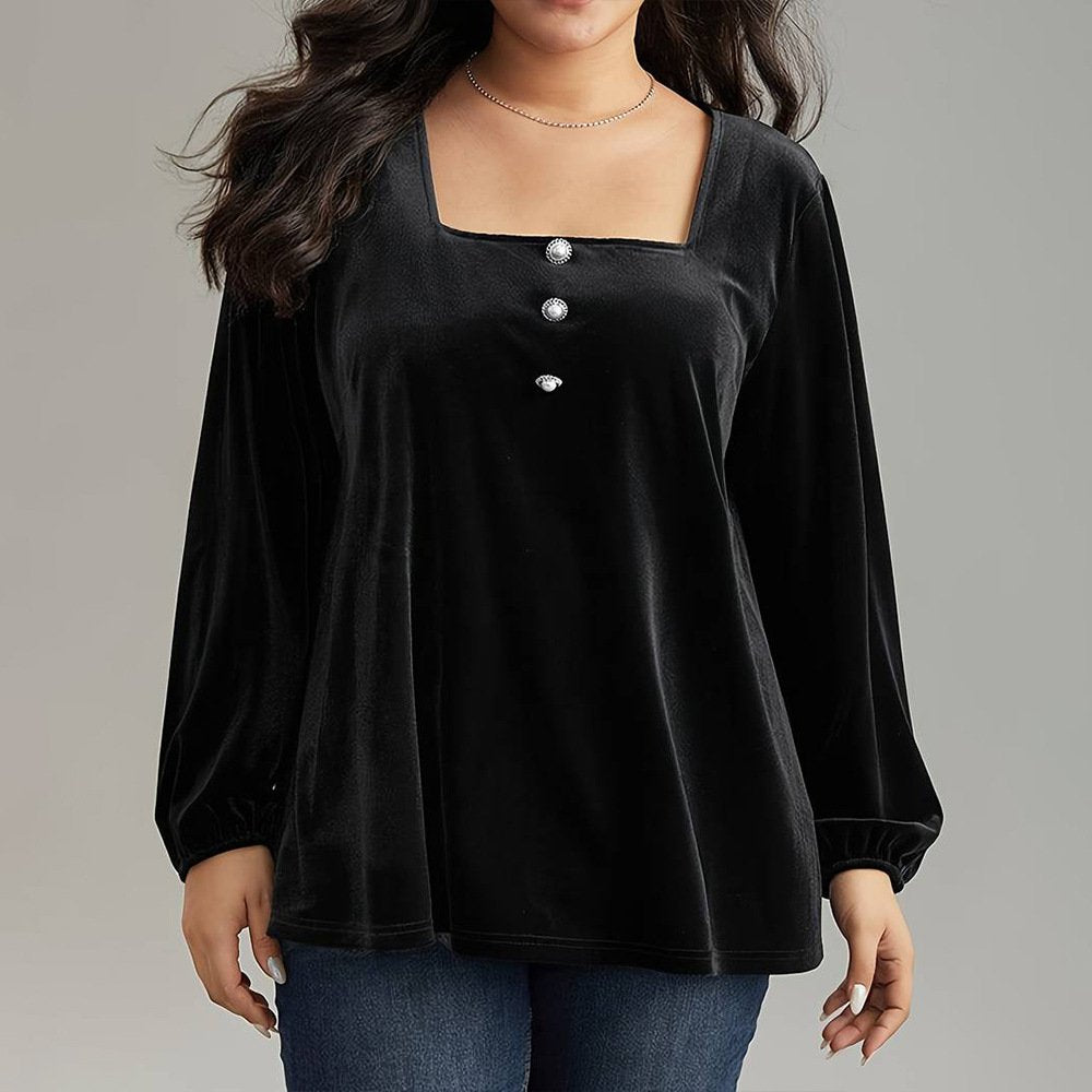 Plus Size Velvet Square Neck Long Sleeve T-Shirt
