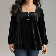 Plus Size Velvet Square Neck Long Sleeve T-Shirt