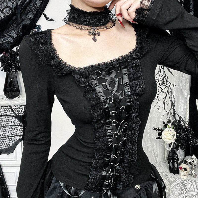 Dark Gothic Lace-Trim Slim Fit Long-Sleeve Top