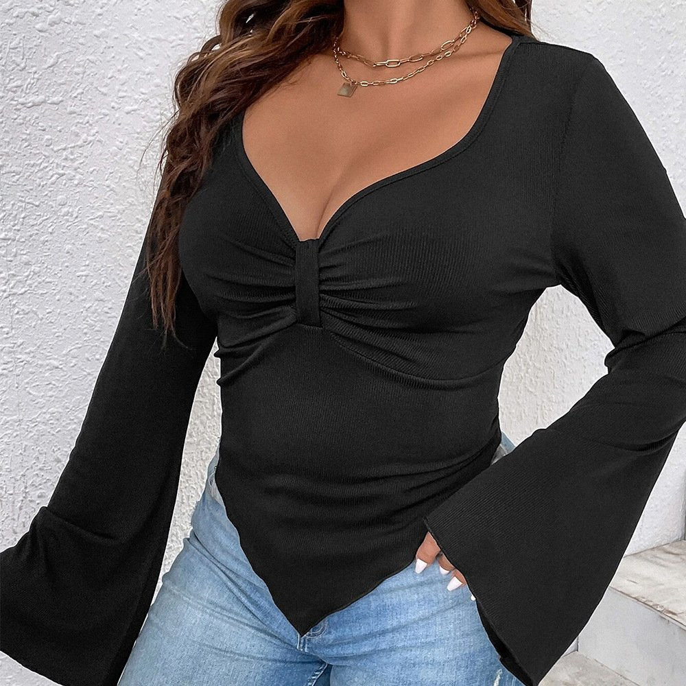 Women's Slim-Fit Bell-Sleeve Irregular Knit Top