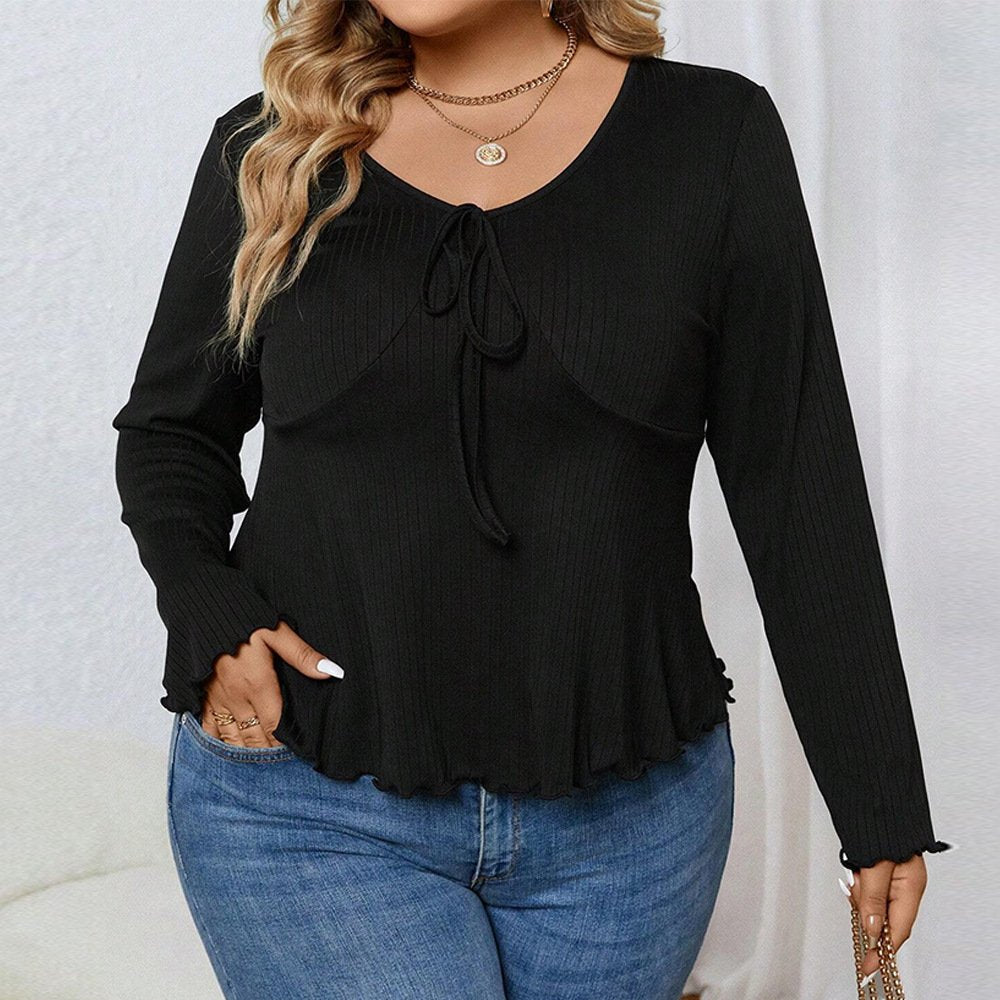 Women's Plus V-Neck Ribbed Knit Long-Sleeve Top
