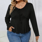 Women's Plus V-Neck Ribbed Knit Long-Sleeve Top