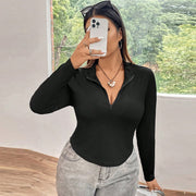 Women's Solid Zip-Up Fitted Long Sleeve Top