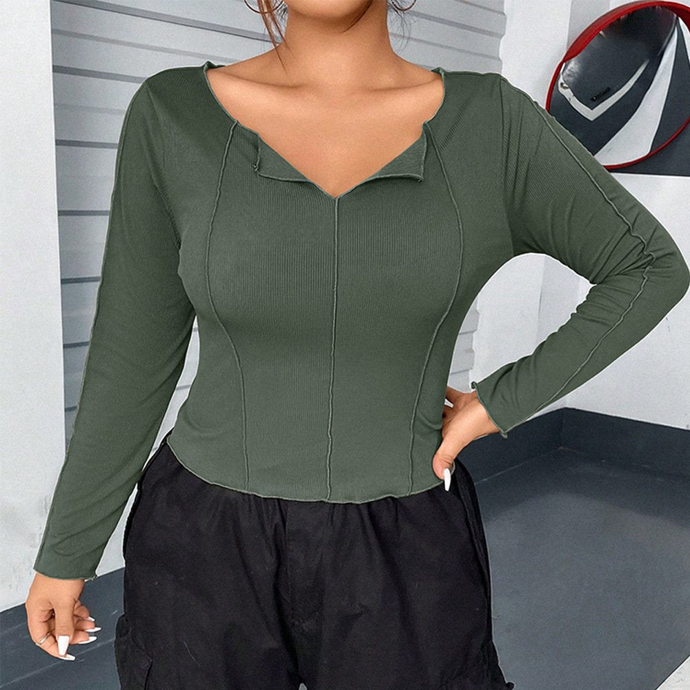 Women's Slim-Fit Long-Sleeve Crop Top with Leather Splicing