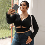 Sexy Black V-Neck Long-Sleeve Slim Fit Short Top
