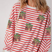 Sequin Christmas Gift Stripe Drop Shoulder Sweatshirt