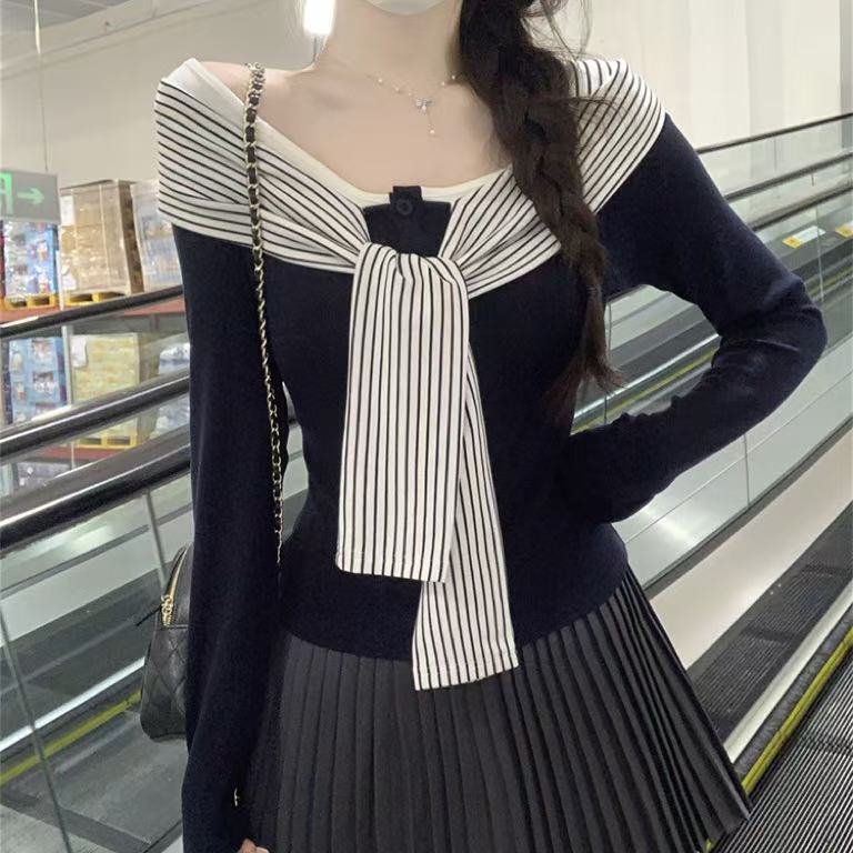 Striped Lace-Up Long Sleeve Tee