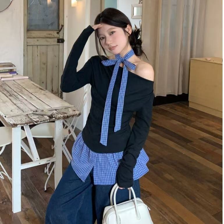 Chic Grid Off-Shoulder Two-Piece Long Sleeve Top