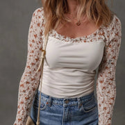 White Floral Lace Square Neck Long Sleeve Top