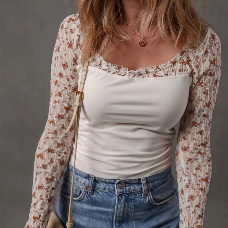 White Floral Lace Square Neck Long Sleeve Top