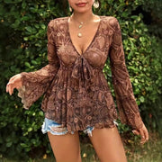 Mesh Printed Deep V-Neck Slim-Fit Long Sleeve Top