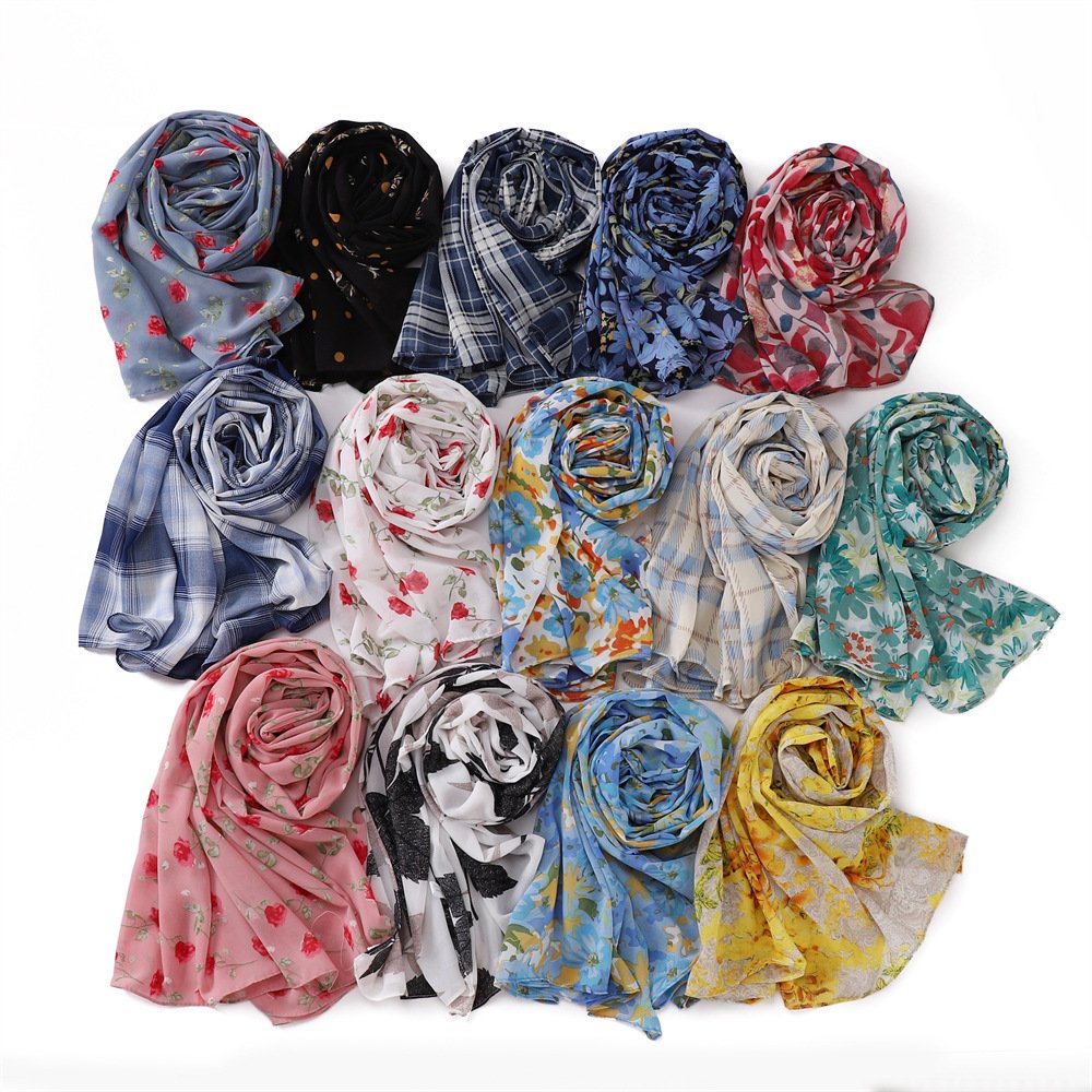 Golden Plaid Maple Leaf Chiffon Scarf