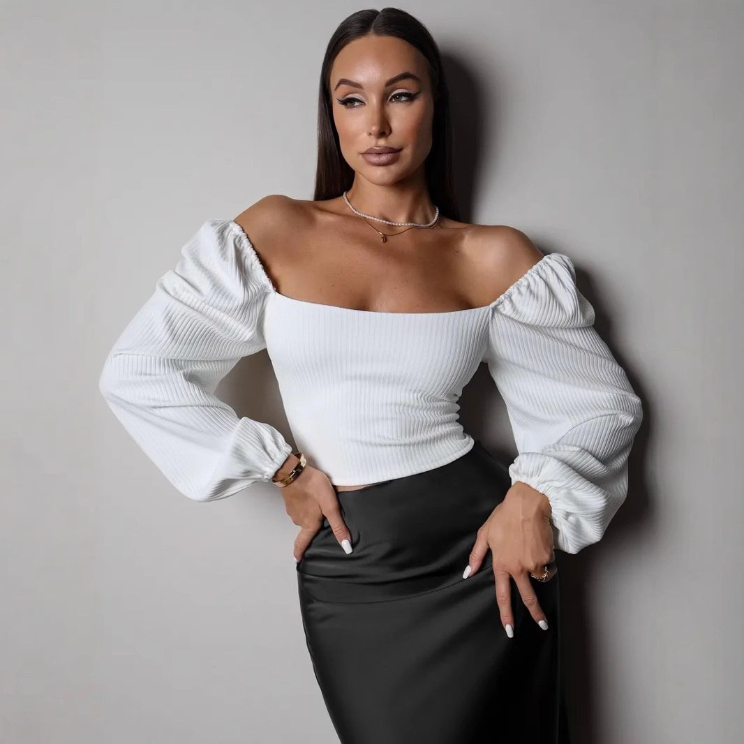 Ribbed Lantern Sleeve Backless Sexy Top