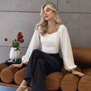 Chic Square Neck Long Sleeve Slim Casual Top for Women