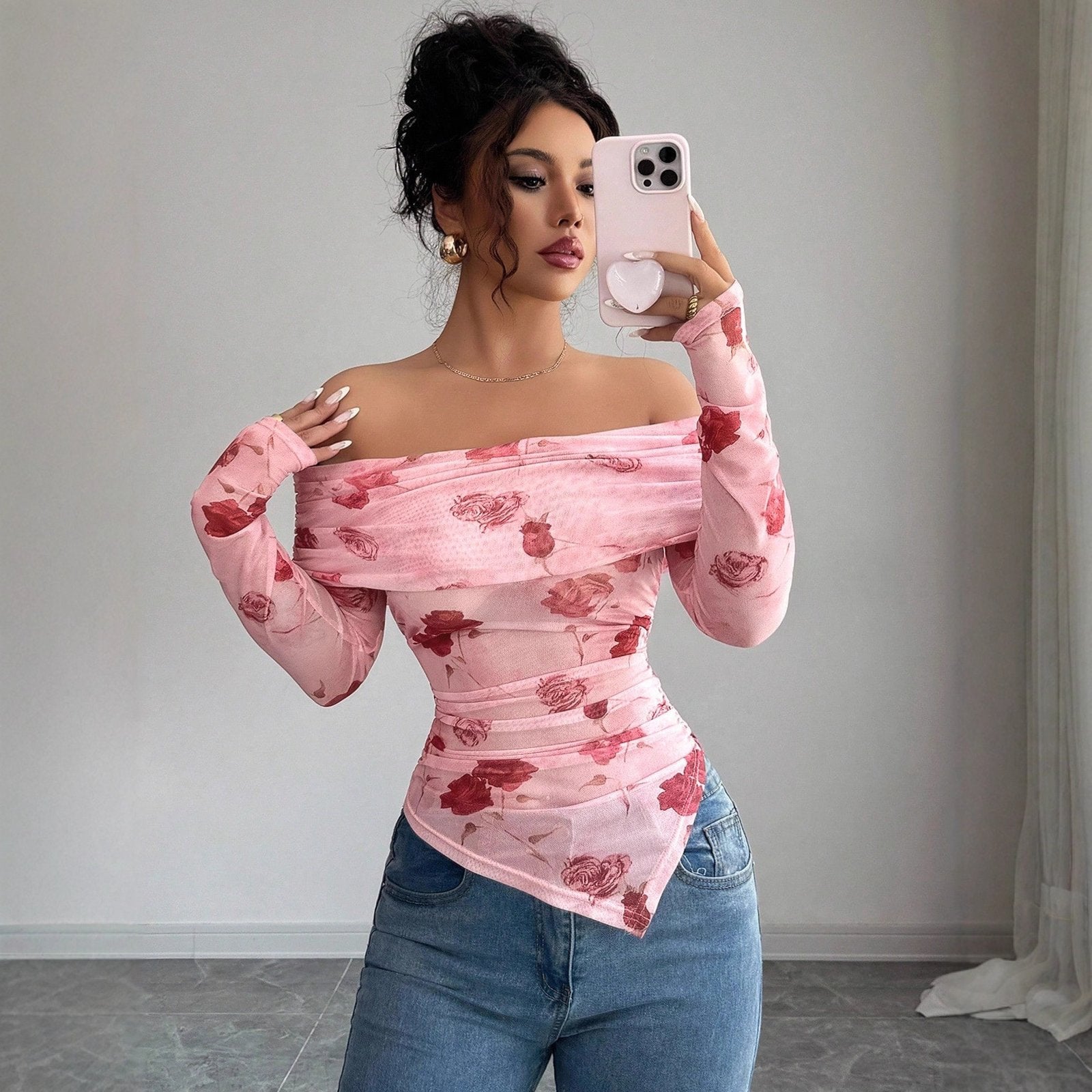 One-Shoulder Ruffled Floral Print Slim Fit Top