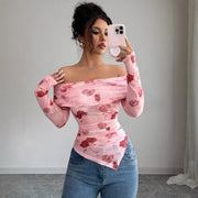 One-Shoulder Ruffled Floral Print Slim Fit Top