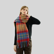 Warm Rainbow Plaid Fringe Scarf