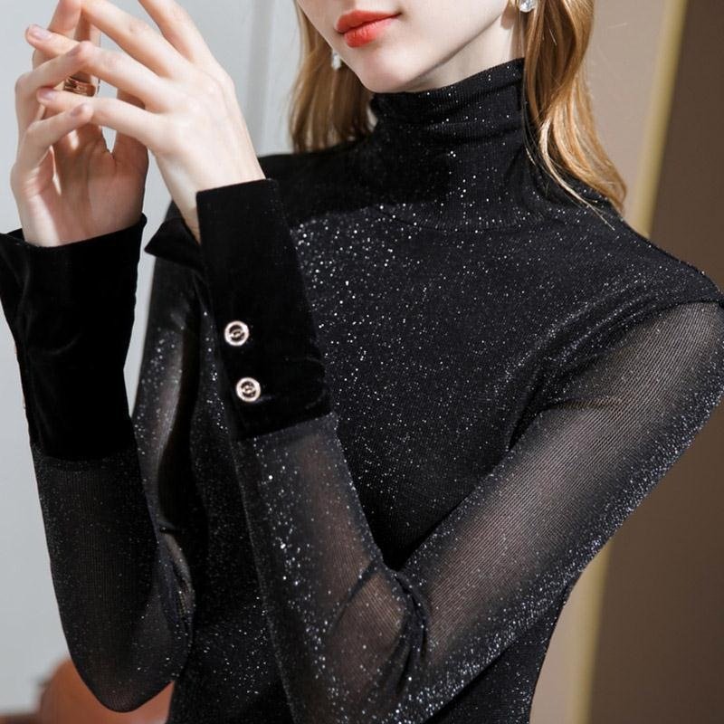 Women's High-Neck Mesh Long-Sleeve Slim Base Layer Top