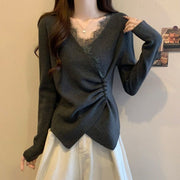 Elegant Lace V-Neck Long Sleeve Velvet T-Shirt