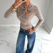 Elegant Metal Button Draped Long Sleeve Tee