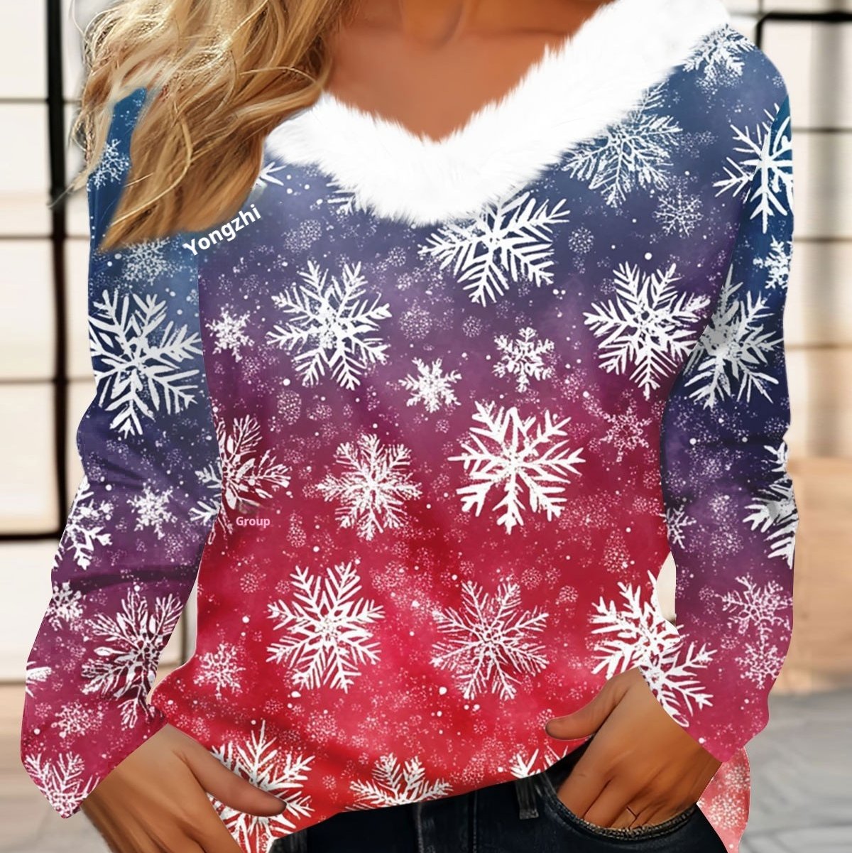 Women's Festive Christmas V-Neck Top with Furry Collar