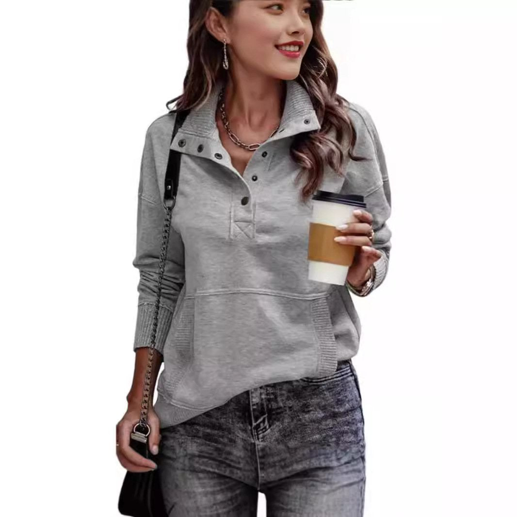 Women's Solid Color Long Sleeve Button Down Sweatshirt