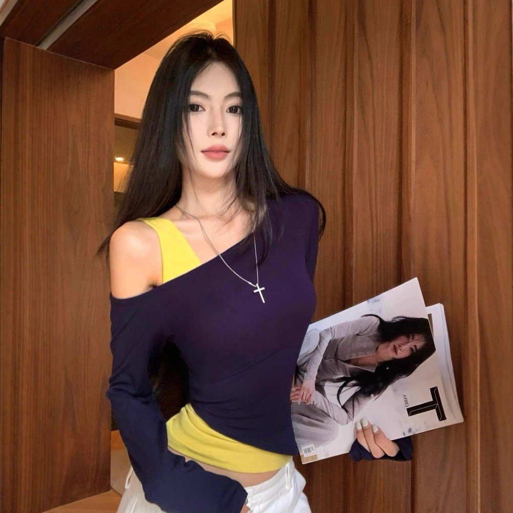 Chic Slimming Fake Two-Piece Long Sleeve Crop Top