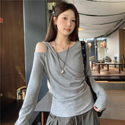 Slim Pleated Waist-Cinching Long Sleeve Fall Top