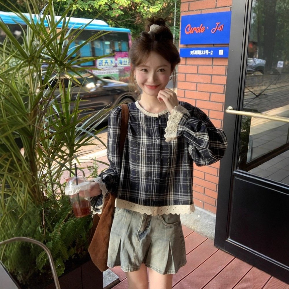 Women's Casual Plaid Long-Sleeve Loose Short Top