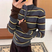 Korean Chic Color-Block Striped Long-Sleeve Women's Top