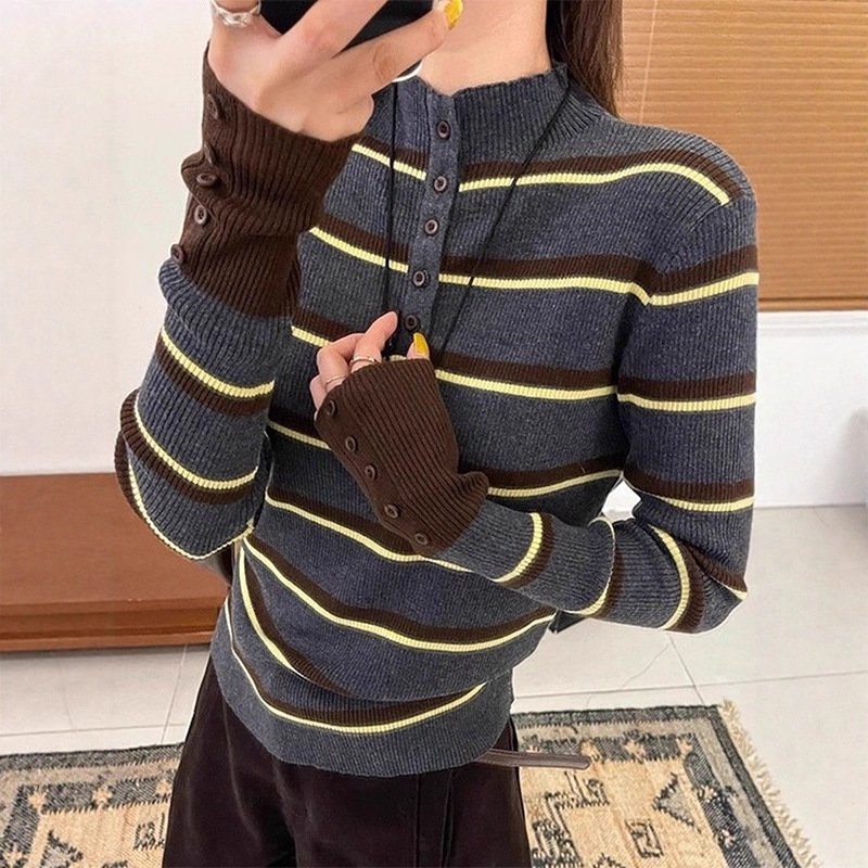 Korean Chic Color-Block Striped Long-Sleeve Women's Top