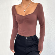 Sexy V-Neck Split Hem Slim Long Sleeve Tee