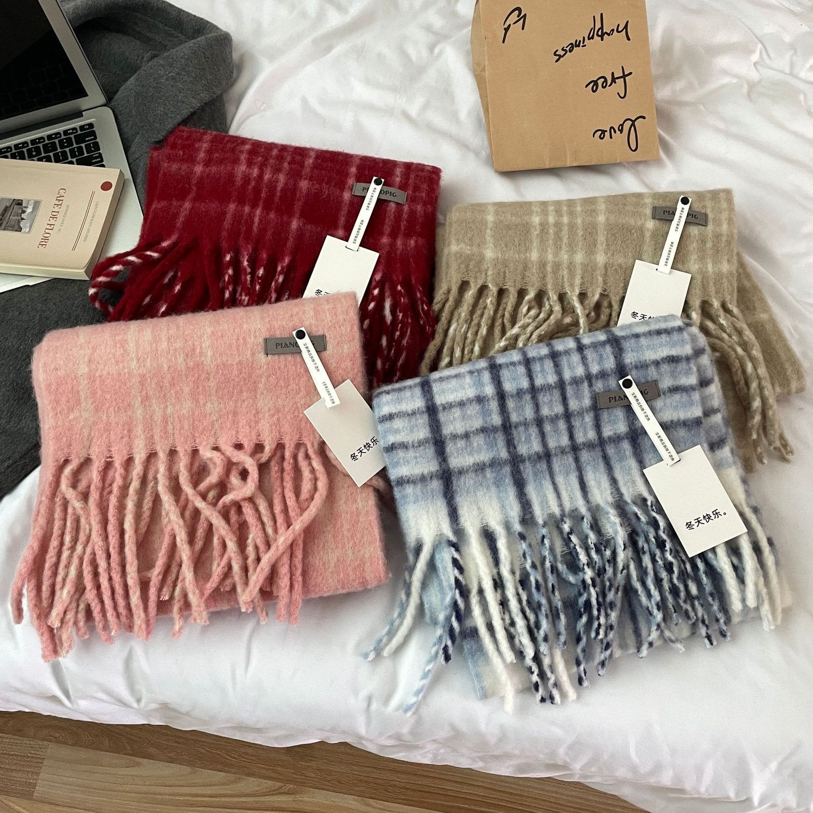 Vintage Plaid Wool Scarf for Women - Winter Warmth