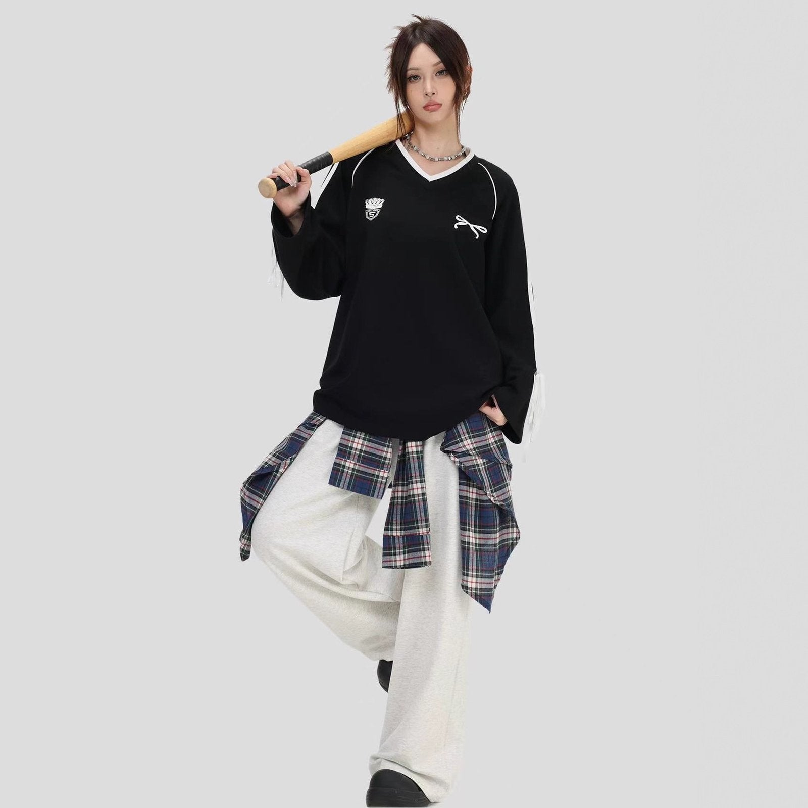 V-Neck Tie Long Sleeve Loose Athletic Jersey Top