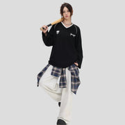 V-Neck Tie Long Sleeve Loose Athletic Jersey Top