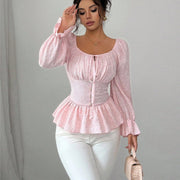 Chic French U-Neck Rose Tie Long-Sleeve Top